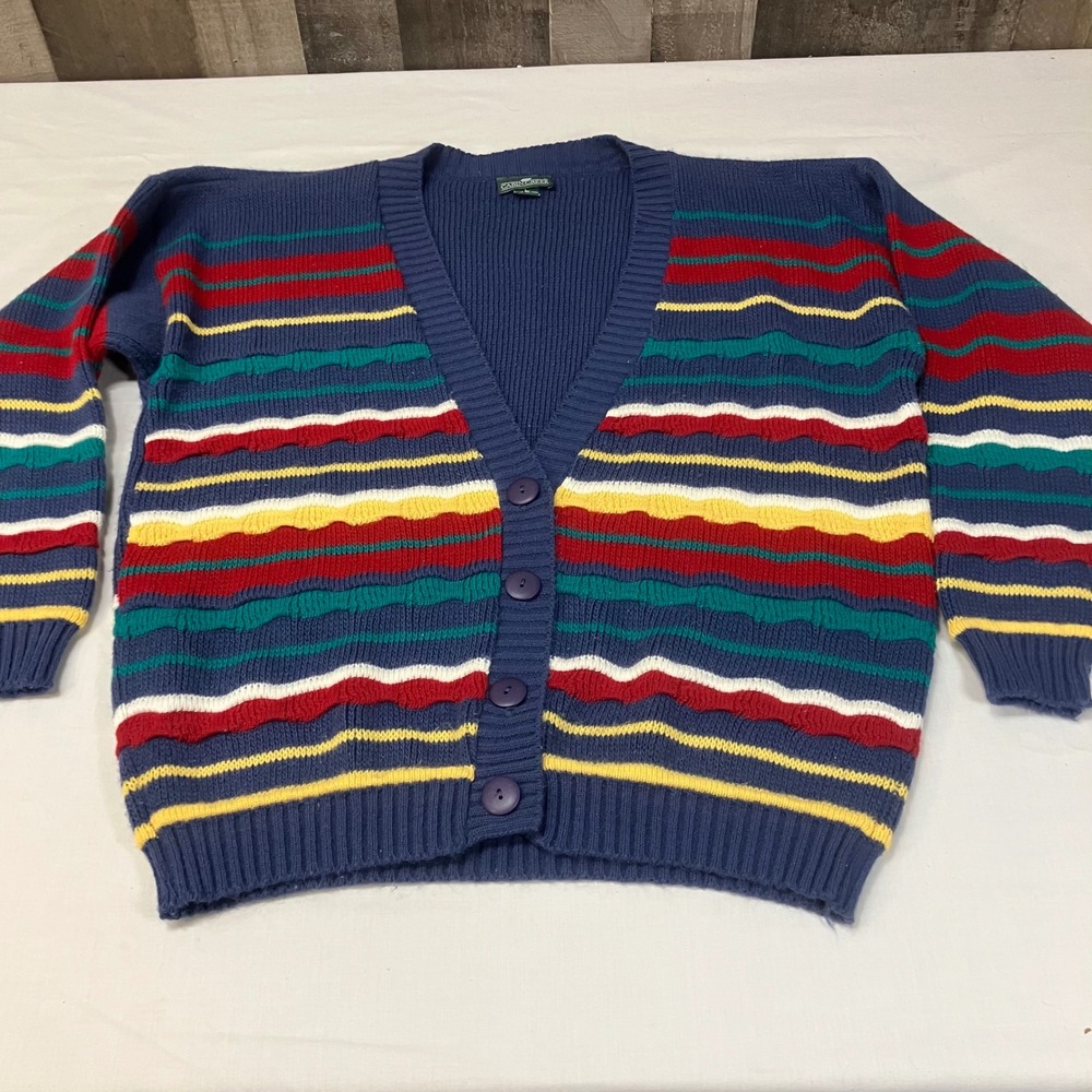 Cabin Creek Vintage Cardigan Womens L Blue Multi Color Striped Textured USA 90's